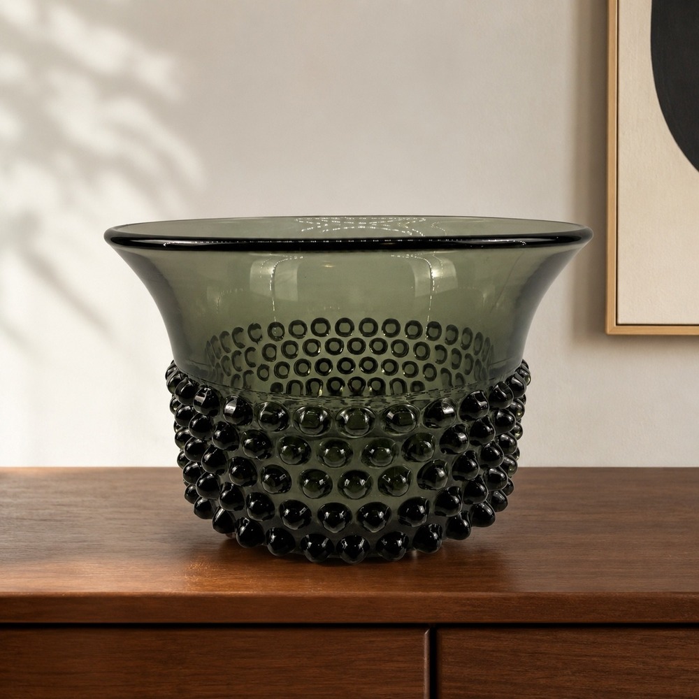 Saara Hopea Nyppylä Smoky Gray Art Glass Bubble Bowl Nuutajärvi Finland
